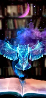 Mystical owl emerging from open book with cosmic elements in the background.