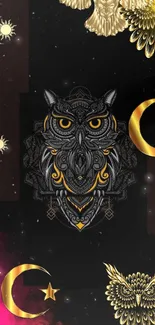 Mystical owl and celestial moon design on black background wallpaper.