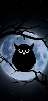 Owl silhouette in front of large moon on a dark starry night.