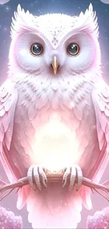 A mystical owl with pink hues sits in an enchanting forest.