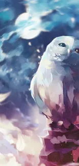 Mystical white owl with blue ethereal background.