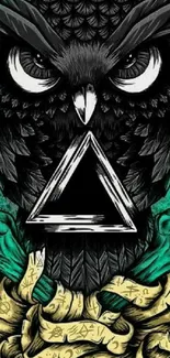 Mystical owl artwork with triangle and vibrant green hues on mobile wallpaper.