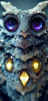 Mystical owl with glowing eyes on textured feathers, captivating art wallpaper.