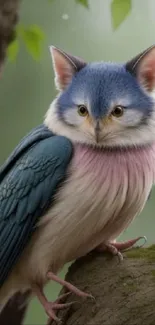 Owl-cat hybrid with blue and pink feathers perched on a tree branch.