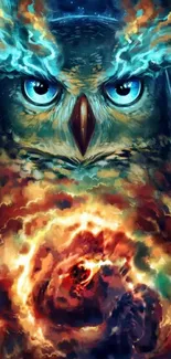 Mystical owl in cosmic art with vibrant colors and fantasy design.