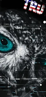 Mystical owl with turquoise eyes and digital overlay.