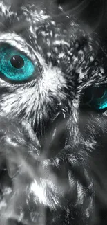 Mystical owl with turquoise eyes on a dark-themed wallpaper.