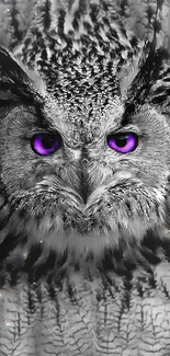 Mystical owl with striking purple eyes on a monochrome background.