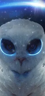 Ethereal white owl with glowing eyes against a starry galaxy background.