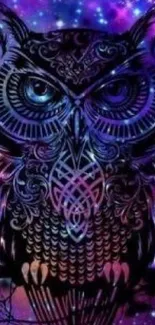 Intricate owl design against a vibrant galaxy background.