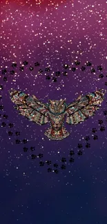 Mystical owl heart with purple sky background.