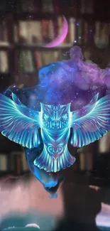 Holographic owl flying in a cosmic setting with vibrant blue hues.