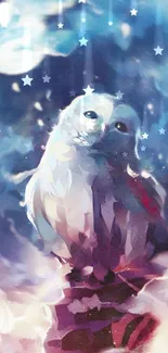 Mystical owl perched under dreamy, ethereal skies.