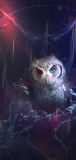 Mystical owl resting in a dark, enchanted forest with vibrant colors.