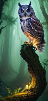 Owl perched on a branch in an enchanted forest with a glowing lantern.