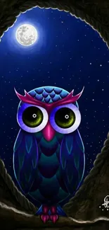 Mystical owl under a full moon with vibrant night sky.