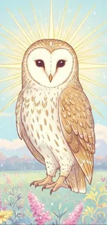 Artistic depiction of an owl in sunlight over a floral meadow.