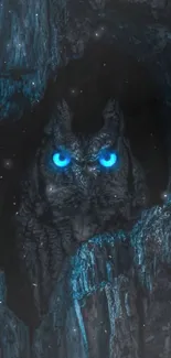 Owl with glowing blue eyes hidden in the tree.