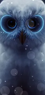 Mystical white owl with glowing blue eyes against a dark background.