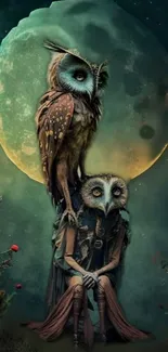 Mystical owls in moonlit forest scene, fantasy wallpaper.