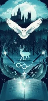 Magical night scene with an owl and glowing forest elements.