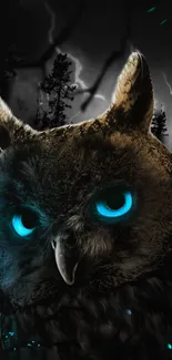 Owl with glowing blue eyes in a dark forest with lightning.