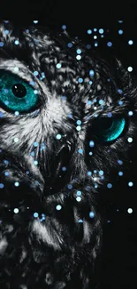 Mystical night owl with teal eyes and starry effect mobile wallpaper.