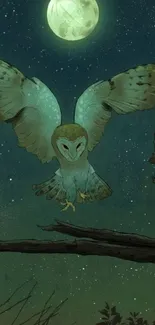 Illustration of an owl flying under a full moonlit sky, perfect as a mobile wallpaper.