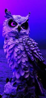 Purple owl overlooking the ocean at dusk.