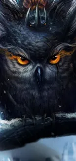 Mystical owl with golden eyes sitting on a snowy branch.