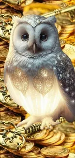 Magical owl on golden coins with keys, glowing elegantly.