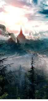 Owl flying over fantasy mountains and castle with mystical skies.