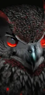 Mystical owl with red eyes, dark themed wallpaper.