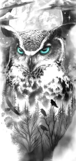 Mystical owl with blue eyes and forest background on phone wallpaper.