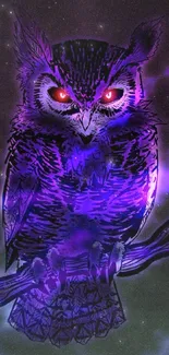 Mystical owl with glowing purple hues on a branch in digital art style.