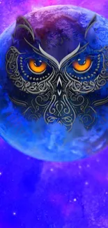 Mystical owl on a cosmic purple background.