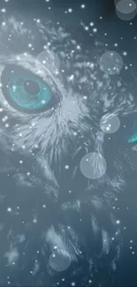 Mystical owl with glowing eyes in dark, snowy setting wallpaper.