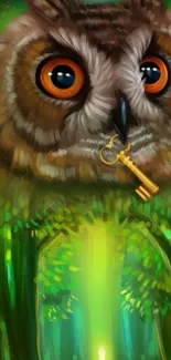 Fantasy owl with a key in a magical forest.