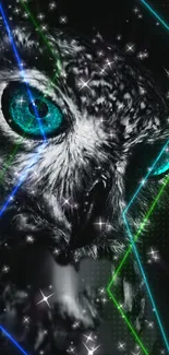 Owl with neon laser lights and mystical design.