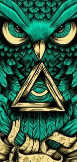 Mystical owl with triangle design on teal background