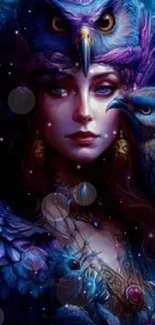 Mystical owl woman with vibrant blue and purple hues in fantasy artwork.