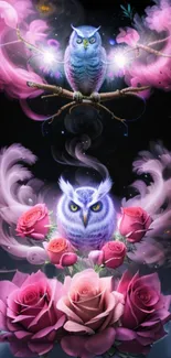 Mystical owls perched on pink roses with glowing effects.