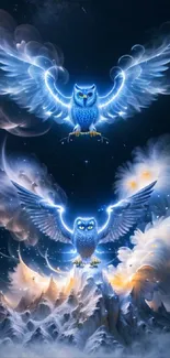 Enchanting mobile wallpaper with glowing owls in a dark, star-studded night sky.