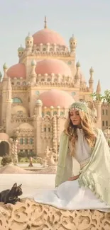 Mystical palace with Persian woman in elegant attire and cat.