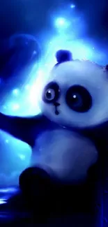 Cute panda in blue glow mobile wallpaper, fantasy theme.