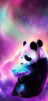 Mystical panda holding nebula in space.