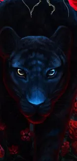 Mystical panther surrounded by red roses.