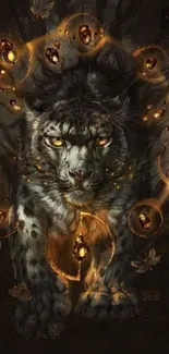 Mystical panther with golden orbs in dramatic artwork.