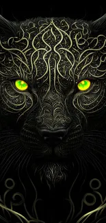 Intricate mystical panther with glowing eyes on black background.