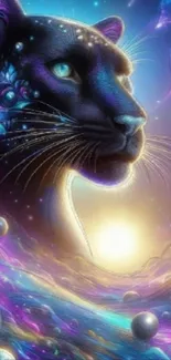 Mystical panther in cosmic fantasy art background.